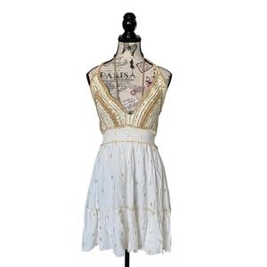 Zury Crochet Halter Dress Women OS White Gold Sequin Evil Eye Boho Festival Mini